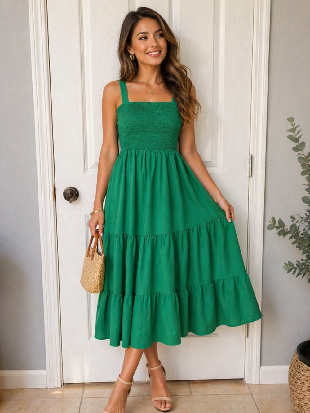 Smocked Square Neck Tiered Midi Dress - Green